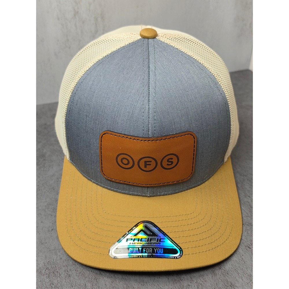 Pacific Headwear 104C OFS Leather Patch Trucker Hat Snapback Grey Gold Mesh Cap